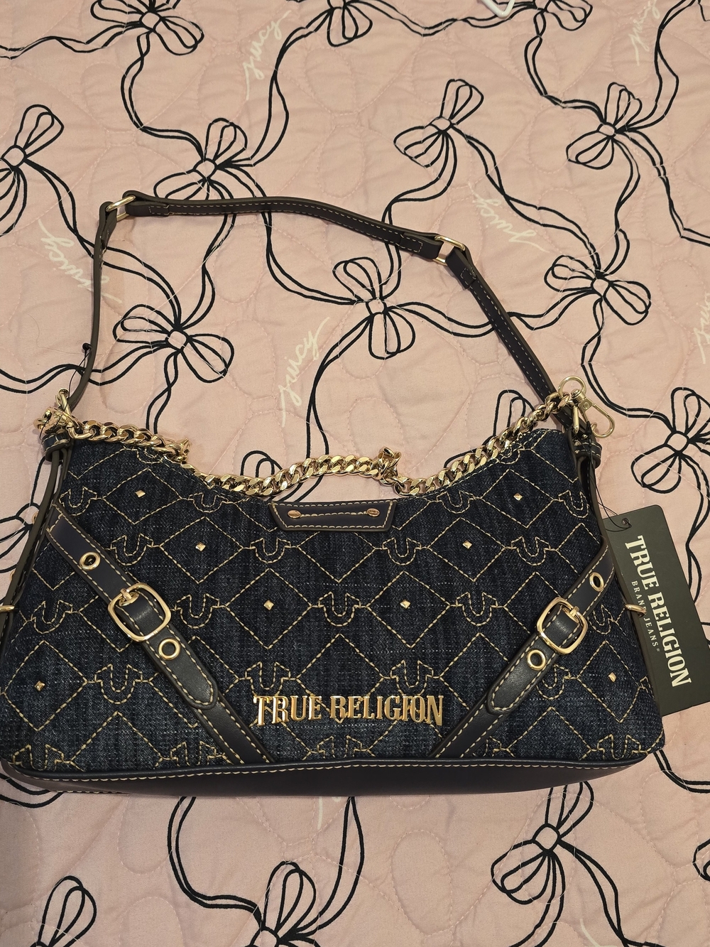 True Religion Quilted Denim Shoulder Bag in Dark Blue
